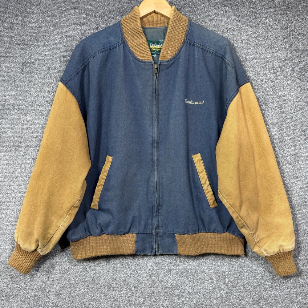 Vintage Dunbrooke Bomber Jacket Mens Large Blue Tan Colorblock Canvas Made USA